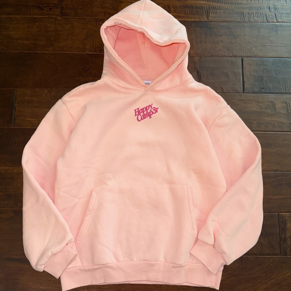 Happy Camp3r Puff Series Hoodie Pink Mental Wellness Graphic Sweatshirt Medium